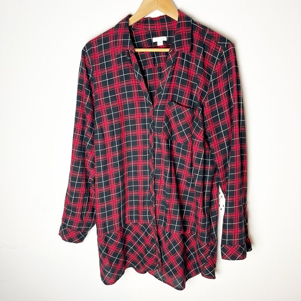 J Jill Plaid Long Sleeve Tunic Top Sz Large Red Black 100% Cotton Pocket Shirt​